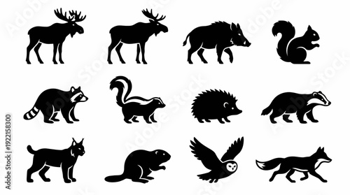 Collection of animal silhouette icon set featuring various wildlife species in a simple design