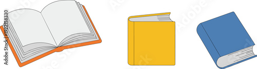Books vector illustration set, open closed stacked colorful covers orange yellow blue, educational reading clipart design for library school literature knowledge graphics