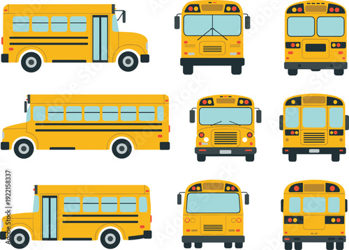Illustrated yellow school bus collection, front side rear views, educational transport vector set, isolated cartoon vehicles, children transportation design, commercial stock graphic illustration