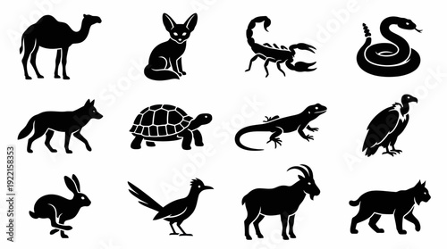 Animal silhouette icon set featuring various desert creatures illustration