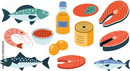 Seafood vector illustration set, fish fillets shrimp roe eggs canned fish oil bottle, healthy protein omega‑3 food clipart for nutrition design graphics