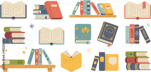 Colorful books vector illustration set, open closed stacked decorative covers pastel designs with stars hearts sparkles, educational reading clipart for creative graphics