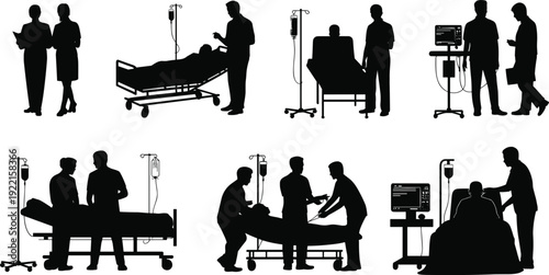 Hospital medical silhouettes vector illustration set, doctors nurses patients healthcare scenes with beds IV monitors, patient care clipart for medicine education graphics