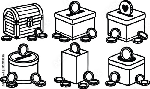 Black and white illustration of various treasure chests and coins  isolated on white background