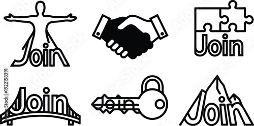 Black and white illustrations of join concepts with various symbols  handshake  puzzle  mountain  key  bridge  statue