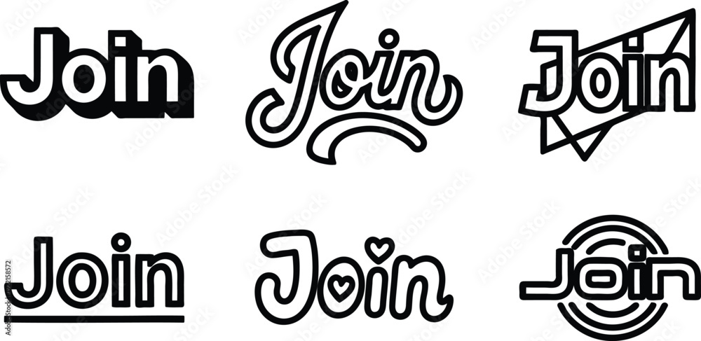 Obraz premium Six different join text icons in various artistic styles and fonts for graphic design and digital media use