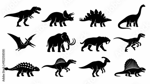 Set of animal silhouette icons featuring various dinosaurs in a prehistoric landscape illustration