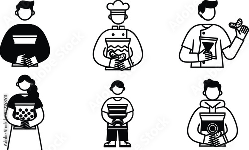 People holding various food and drink items in simple line illustrations  faceless characters with burgers coffee and fruit