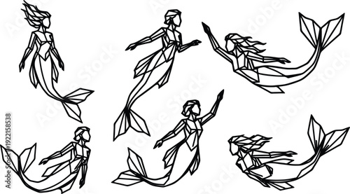 Six black and white line art mermaids in different poses and positions with tails and fins  isolated on white background