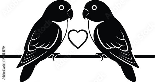 Black lovebird silhouettes sitting on a branch with heart shape isolated on white background for romantic wedding and valentine design