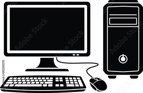 Desktop computer setup vector illustration, monitor CPU tower keyboard mouse silhouette design, black and white office technology clipart for education work graphics
