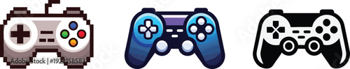 Three different video game controllers with various designs and colors on white background  gaming accessories