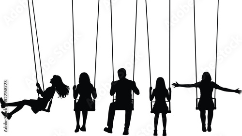 Children Silhouettes on Swings at Playground, Happy Kids Enjoying Outdoor Playtime in Park, Childhood Freedom and Family Leisure Vector Illustration