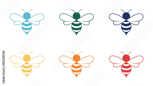 Six Stylized Bees in Different Colors on a White Background