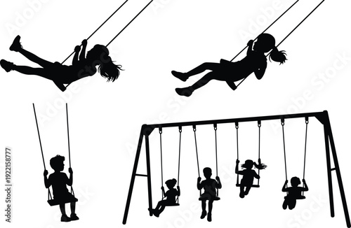 Children Silhouettes Playing on Swings at Playground, Happy Kids Outdoor Activity Scene, Childhood Freedom and Joyful Motion Black Vector Illustration
