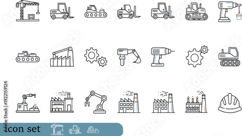 Print Comprehensive Heavy Industry and Construction Icon Set Featuring Excavators Forklifts Power Plants Tower Cranes and Mechanical Tools