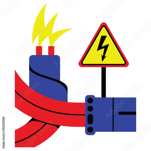 High Voltage Electrical Hazard Warning Sign with Damaged Cable and Electric Spark Flat Vector Illustration