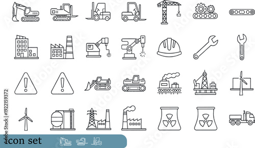 Print Comprehensive Heavy Industry and Infrastructure Icon Set Featuring Construction Machinery Energy Plants Robotics and Sustainable Power Symbols
