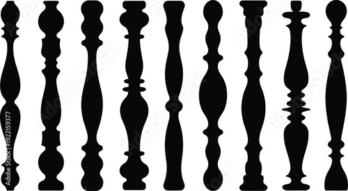 Decorative Wooden Baluster Silhouette Set, Classic Staircase Spindle and Railing Column Shapes Collection for Interior Architecture and Furniture Design Illustration
