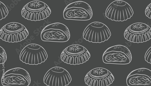 Maamoul Seamless Pattern. Traditional Middle Eastern Cookie Illustration. Maamoul Hand Drawn Outline Vector Style. Decorative Ramadan Eid Design. Packaging Textile Background Use.