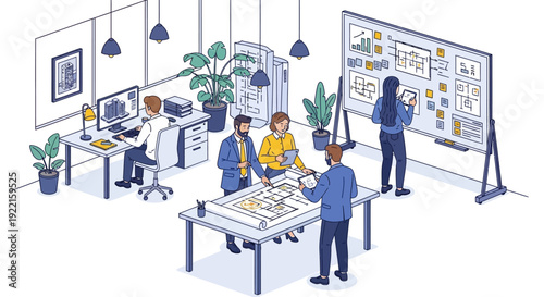 Team collaborating on project in modern office space.