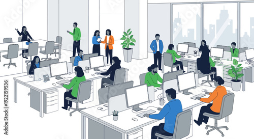 Diverse group of people working together in a modern office environment.