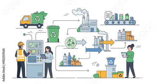 Recycling process illustration showing waste management and production.