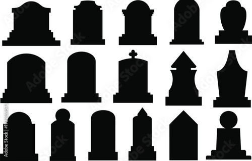 Gravestone Silhouettes Set, Cemetery Tombstone and Memorial Headstone Collection for Funeral, Burial Monument, RIP Grave Marker and Halloween Illustration