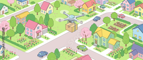 Isometric flat vector illustration of a delivery drone carrying a package over a peaceful suburban neighborhood with colorful houses, blooming gardens, green trees, and cars on the street.