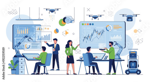 Team collaborating on advanced technology and data analysis.