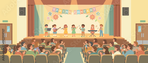 Flat Vector Illustration of a Children's Spring Concert Recital on a School Stage with Proud Parents in the Audience Watching Kids Perform Music, Singing, and Playing Instruments in an Auditorium.