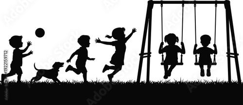 Silhouette of Children Playing with Dog and Swing Set in Park, Capturing Joyful Childhood, Friendship, Outdoor Fun and Happy Family Moments on Summer Day