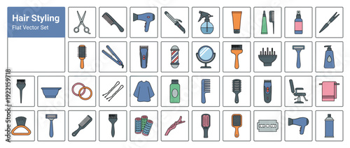 Flat Vector Icon Set of 30 Professional Hair Styling and Salon Tools. Minimalist Design Featuring Scissors, Hair Dryer, Combs, Clippers, Barber Pole, Mirror, and Grooming Accessories for Barbers.