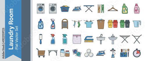 Comprehensive Flat Vector Icon Set of 30 Laundry Room Essentials and Appliances Including Washing Machine, Iron, Detergent, Clothesline, Hanger, Scrub Brush, Laundry Basket, Sink, and Steamer.
