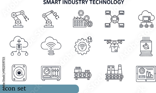 Print Smart Industry Technology Icon Set Featuring Automated Robotic Arms Cloud Computing Connectivity Drone Logistics and Digital Manufacturing Systems