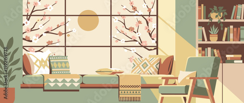 Cozy spring reading nook flat vector illustration with a large window overlooking blooming cherry blossom branches, featuring comfortable cushions, blankets, a modern armchair, and a bookshelf.