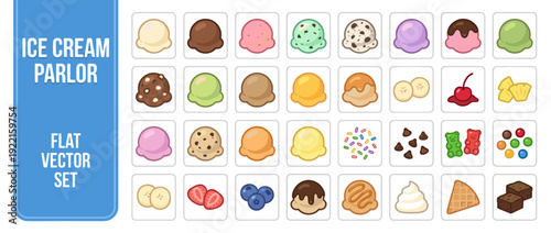 Flat Vector Icon Set of 30 Ice Cream Parlor Flavors and Toppings; Colorful Scoops of Vanilla, Chocolate, Strawberry, Mint, and Toppings like Sprinkles, Gummy Bears, Fresh Fruit, and Sweet Candy.