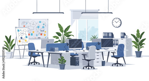 Modern Office Interior with Desks Computers and Plants.