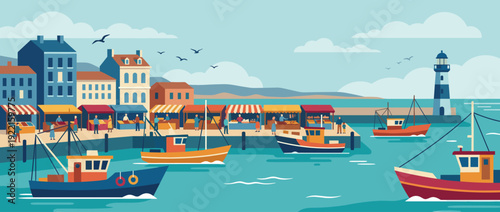 Flat vector illustration of a busy coastal harbor with colorful fishing boats, a vibrant waterfront market with vendors and customers, a lighthouse, and charming seaside buildings under a blue sky.