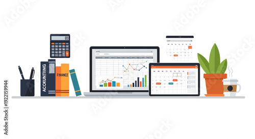 Office Desk Setup With Business Tools And Technology.