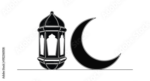 A striking black and white illustration depicts a traditional islamic lantern alongside a crescent moon high quality professional
