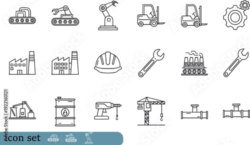 Print Heavy Industry and Automated Manufacturing Icon Set Featuring Robotic Arms Forklifts Energy Production and Construction Engineering Symbols