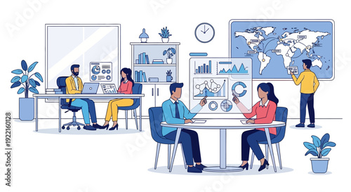 Business professionals collaborating in a modern office setting.