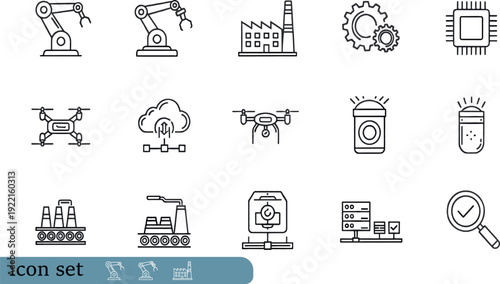 Print Advanced Industrial Automation and Smart Manufacturing Icon Set Featuring Robotic Arms Cloud Logistics Drone Technology and Microchip Engineering Symbols
