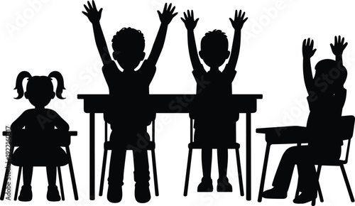 Flat vector illustration, children classroom silhouette, students raising hands, education concept, school learning scene, black graphic design, isolated artwork, teaching