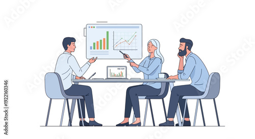 Business meeting with diverse team analyzing financial charts.