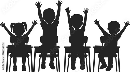 Flat vector illustration, children classroom silhouette, students raising hands, school participation concept, education learning scene, black graphic design, isolated artwork, teaching