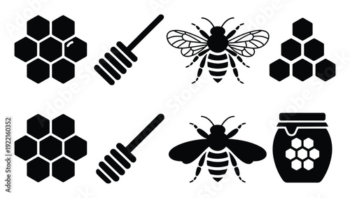 Bee Honeycomb Honey Jar Vector Illustration Set