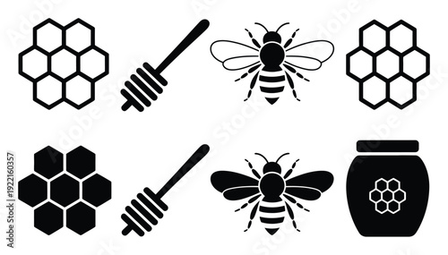 Bee Honeycomb Honey Icons Set Vector Illustration