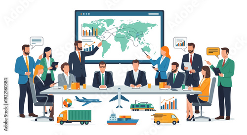 Global Business Meeting Discussing International Logistics and Trade.
